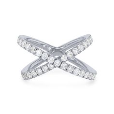 a white gold ring with two rows of diamonds on the band and an x in the middle