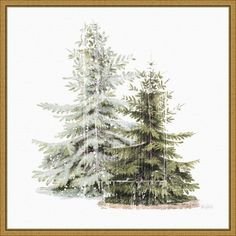 a watercolor painting of two pine trees in the snow with gold trimmings