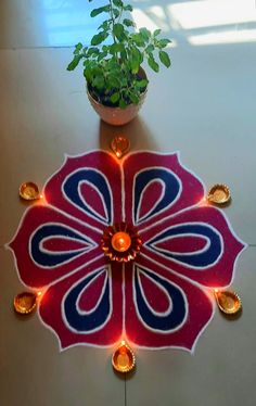 a potted plant sitting on top of a white floor next to a red and blue flower