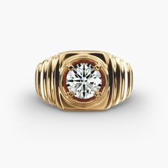 a gold ring with a diamond in the center and two rows of lines around it