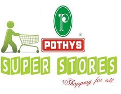 the logo for pothy's super stores, with a person pushing a shopping cart