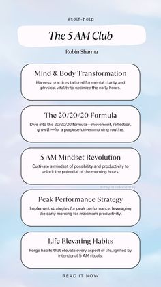 Elevate your life with "The 5 AM Club" by Robin Sharma. 🌅 Learn the art of early mornings, cultivate rituals for success, and unleash your full potential. Elevate productivity, build lasting habits, and transform your mindset for a purposeful and fulfilling life. Join the club of early risers and embark on a journey of self-discovery and growth! 💡 #5AMClub #RobinSharma #SelfHelp #Productivity #Habits #Mindfulness #Success Disclosure: This board contains affiliate links 5 Am Club Routine, 4am Club, Productivity Habits, Daily Routine Schedule