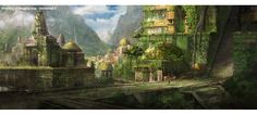 an image of a fantasy city with mountains in the background