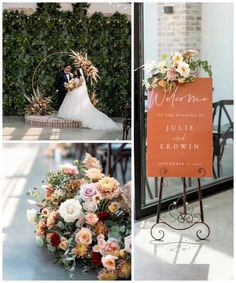 the bride and groom are standing next to each other in front of an orange sign