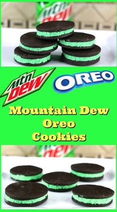 oreo cookies are stacked on top of each other with the words mountain dew oreo cookies