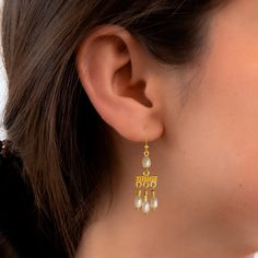 These beautiful dangle earrings are inspired by the Crotalia earrings that were very common in ancient Roman times as documented in the Fayum mummy portraits. Earrings are 24k gold plated accented with four white-ish cultured pearls. Handcrafted. Roman Earrings, Ancient Earrings, Gaura Nitai, Valyrian Steel, Spear Earrings, Ancient Roman Jewelry, Ancient Jewels, Roman Jewelry, Sri Radha