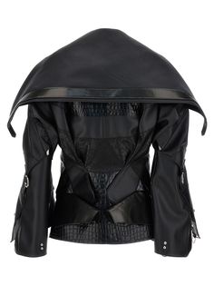 Patchwork eco leather biker jacket, maxi lapels, 3/4 wide sleeves, chain closure, several buckles on the head. Composition: 100% synthetic leather | Junya Watanabe Women's Eco Leather Biker Jacket in Black | FW23/24 Cyberpunk Fashion, Junya Watanabe, Sewing Basics, Wide Sleeves, Black Jacket, Biker Jacket, Synthetic Leather