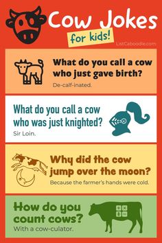 A list of funny cow jokes for kids. Cow Jokes, Silly Cow, Funny Puns For Kids, Farm Jokes, Cow Puns, Laughing Out Loud