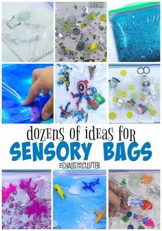 several different images with the words dozen's of ideas for sensory bags