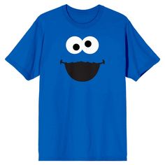 Add a touch of Sesame Street charm to your wardrobe with this men’s royal blue crew neck short sleeve t-shirt. Featuring a playful Cookie Monster face on the front and the classic Sesame Street logo on the back, this shirt is perfect for fans of the beloved TV series. Made from soft cotton, it ensures comfort and durability throughout the day. It’s easy to maintain with machine washing on cold with like colors and tumble drying on low heat. Blue T-shirt With Character Print In Relaxed Fit, Novelty Blue Pre-shrunk T-shirt, Novelty Pre-shrunk Blue T-shirt, Novelty Short Sleeve T-shirt For Fan Merchandise, Funny Blue Crew Neck Top, Novelty T-shirt With Character Print And Short Sleeves, Novelty Blue Cotton Tops, Blue Cotton Novelty Top, Novelty Short Sleeve T-shirt With Character Print