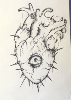 a drawing of a human heart with an eye and spikes on it's side