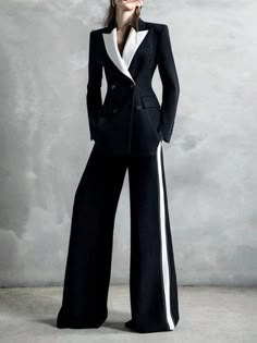 Spring/Fall Urban Contrast Stitching Polyester No Elasticity Long Sleeve Shawl Collar X-Line Regular Blazers for Women Pantsuits For Women Prom, Mc Donald's, Black And White Suit, Urban Chic Fashion, Woman Suit, Tuxedo Women, Trouser Design, White Suit, Tuxedo Dress