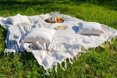 a blanket and pillows are on the grass with some food in front of it,