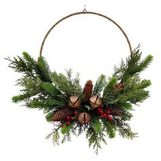 a christmas wreath with pine cones and red berries