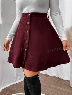 Style:Casual \nType:Flared \nDetails:Button Front \nColor:Burgundy \nPattern Type:Plain \nWaist Line:High Waist \nLength:Short \nTemperature:Spring/Fall (18-25℃/63-77℉) \nFit Type:Regular Fit \nFabric:Non-Stretch \nMaterial:Fabric \nComposition:100% Polyester \nCare Instructions:Machine wash or professional dry clean \nSheer:No \n Skirt Casual, Plus Size Skirts, Casual Everyday, A Line Skirt, A Line Skirts, Casual Skirts, Style Casual, Everyday Wear, High Waist