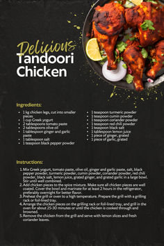 Tandoori chicken marinated in spices and yogurt, grilled to perfection, served with vibrant colors and a smoky finish. Chicken Tandoori Recipe, Tandoori Chicken Recipe, Tandoori Recipes, Spice Mix Recipes, Spice Mixes, Chicken Recipe, Tandoori Chicken, Yogurt, Chicken Recipes