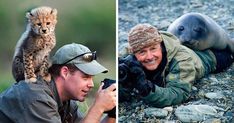 the man is taking pictures with his pet seal and then he has a cat on his shoulders