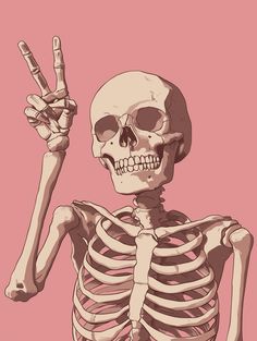 a skeleton is holding up the peace sign