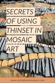 image shows a detail from a mosaic made with slate and stone. The text overlaid reads 'Secrets of using thinset in mosaic art' Vitromosaico Ideas, Mosaic Designs Pattern, Mosaic Techniques, Stone Mosaic Art, Mosaics Ideas, Free Mosaic Patterns, Mosaic Birdbath, Tile Adhesive