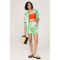 Green floral cotton blend (55% Cotton, 45% Linen). Shorts. Pull on. 3" inseam. 12" rise. 13.5 leg opening. Imported. Rent The Runway, Closet Designs, Green Print, Boxer Shorts, Linen Shorts, Matching Top, Cotton Blend, Floral, Green