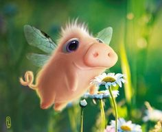 a greeting card with an image of a pig and daisies