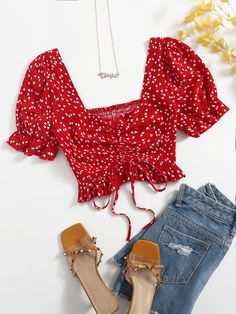 Red Boho Collar Short Sleeve Fabric Heart,All Over Print Top Embellished Non-Stretch Summer Women Clothing Red Crop Top Outfit, Girls Top Design, Crop Top Design, Crop Top Designs, Red Crop Top, Red Boho, Trendy Fashion Tops, Dress Flower, Summer Crop Tops