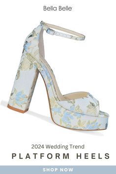 Platform Wedding Heels, Hoco Heels, Blue Heels Wedding, Blue Low Heels, Blue Platform Heels, Flower Fabric Pattern, Wedge Wedding Shoes, Something Blue Bridal, Blue Bridal Shower