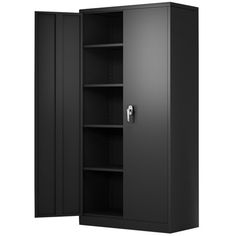 an empty black storage cabinet with its doors open