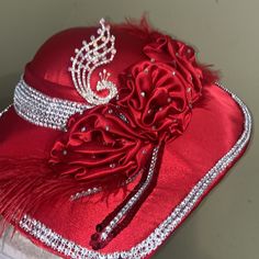 A Real Showstopper! Very Ornate Satin , With Feathers, Rhinestones And A Gorgeous Embellishment. Formal Red Hat With Feathers, Elegant Red Hat With Feather Trim, Luxury Red Brimmed Hat, Whimsical Red Brimmed Hat, Elegant Red Hat, One Size, Church Dresses, Dress Hats, Hats, Red