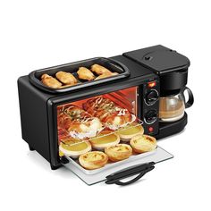 a toaster oven filled with pastries and coffee pot on top of the counter