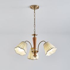 a chandelier with three lamps hanging from it's sides and one light on the other side