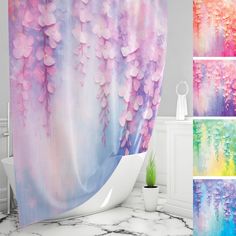 the shower curtain is decorated with colorful flowers