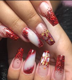 Red White Glitter Nails, Red Marble Nails, Red And White Nails, Holloween Nails, Diva Nails, Ombre Nails Glitter, Red Sparkle, Glitter Ombre