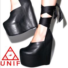 Super Rare! Discontinued Unif Leland Platform Wedges With So Much Personality And Attitude! Badass Edgy-Chic, And Girly At The Same Time. Made From High-Quality 100% Genuine Leather Upper, Lining, And Insoles. Features Surprisingly Comfy 6" Sky-High Stacked Heels/Platform, All-Over Leather Construction, And Wide Black Satin Ankle Strap. It's One Of Those Timeless Hot Shoes That Will Elevate Any Look And Take It To The Next Fashion Level. True To Size 7. Excellent Condition From A Clean, Smoke-Free Home. Unif Shoes, Goth Shoes, Gothic Shoes, New Rock, Black Platform, Crazy Shoes, Pretty Shoes, Shoe Obsession, Platform Shoes