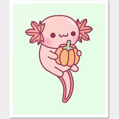 a pink cartoon character holding a pumpkin