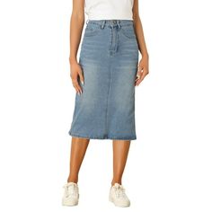 Elevate your style with this versatile and trendy denim skirt. Crafted from good quality denim, it offers both comfort and durability. The high waist design flatters your figure and accentuates your curves, while the stretchy fabric ensures a perfect fit. The midi length adds a touch of sophistication, making it suitable for various occasions. Whether you're going for a casual day out or a night on the town, this denim skirt is a must-have in your wardrobe. Measurement (in inches) Size---------- Midi Jean Skirt, Flared Skater Skirt, Denim Skirts Knee Length, Jean Pencil Skirt, Womens Denim Skirts, Midi Jeans, Trendy Denim, Skirt High Waist, Midi Skirts