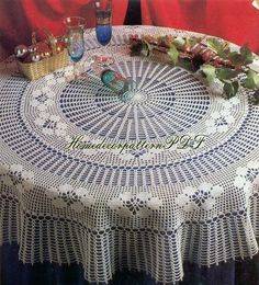 the table is covered with crocheted doily