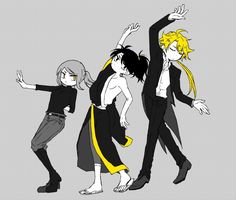 three anime characters in black and yellow outfits, one is holding his arms up while the other