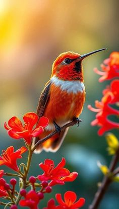 a hummingbird perched on top of a red flower