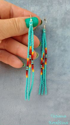 3 Color Beaded Earrings, Indian Bead Earrings, Native Leather Earrings, Long Beaded Earrings Native Americans, Southwest Beaded Earrings, Native American Beadwork Earrings Tutorials, Beaded Native American Earrings, Seed Bead Earring Ideas, Native American Beading Patterns Free