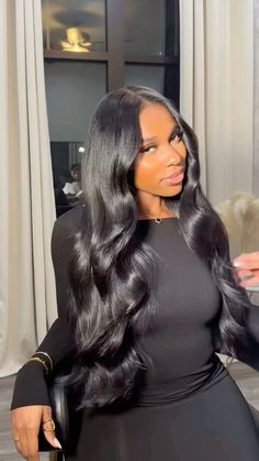 Wigs For Black Women Middle Part, Traditional Sew In Straight Hair, Middle Part Sew In Styles, Middle Part Long Hair Black Women, Sew In Weave With Closure Styles, Long Hair Sew In Black Women, Middle Part Wavy Hair Black Women, Black Hair Sew In, Black Middle Part Buss Down