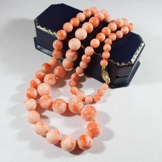 -Vintage 14k Gold Natural Angel Skin Coral Graduated Beaded Necklace -Total length: 27.25 in -Bead size: 6 mm ~ 12.6 mm -Total weight: 71.7 g -Marked 14k -Have hairline cracks Affordable Trendy Coral Jewelry, Affordable Handmade Coral Jewelry, 22k Coral Necklace, Affordable Coral Beaded Necklaces As Gift, Affordable Coral Beaded Necklace Gift, Cheap Vintage Orange Beaded Necklaces, Apricot Necklace, Jewelry Knowledge, Angel Skin