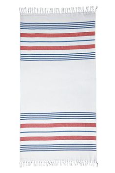 a white towel with red and blue stripes