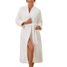 This robe is the perfect combination of comfort and functionality. This robe typically includes a long robe and a tie waist. The fluffy fabric is warm thick and super water-absorbent, offering a good experience while showering, spa, sauna or pool, and soft on the skin, keeping warm and comfortable all night in fall and winter. The robe made from fluffy flannel adds a feminine and lovely touch, making it perfect for women who want to feel comfortable but also look pretty. The plush Flannel robe i White Fluffy Robe, Cozy White Robe For Winter, Cozy White Winter Robe, Terry Cloth Bathrobe, Flannel Robe, Fluffy Fabric, Party Hotel, Wishlist 2024, Spa Sauna