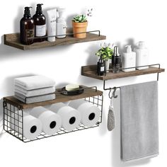 two shelves with towels, toiletries and soaps on them