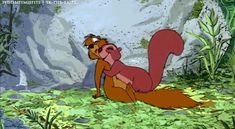 an animated squirrel sitting on the ground in front of a rock and grass covered area