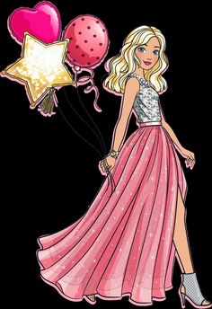 a girl in a dress with balloons and stars