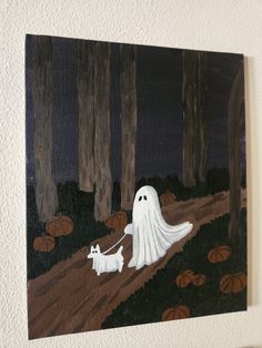 a painting of a ghost walking a dog in the woods