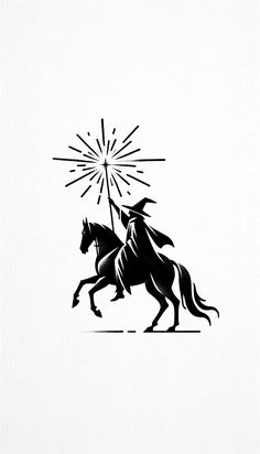 a black and white drawing of a horse with a man on it's back