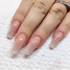 Gold Glitter French Tip Nails Coffin, Light Gold Shimmer Nails, Glitter Ombre Nails Square, Nude Glitter Acrylic Nails, Nude Ombre Nails With Glitter, Nude Almond Nails With Design, Cute Sparkly Nails, Ombre Nails Glitter, Ombre Acrylic Nails